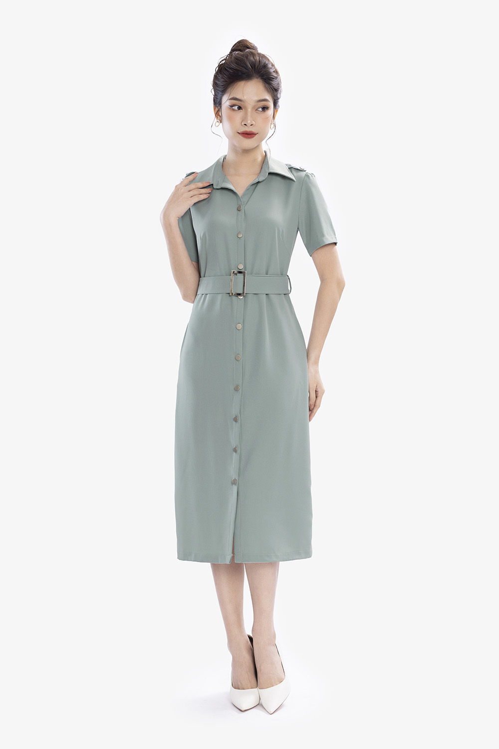Đầm sơ mi công sở nữ màu xanh phối thắt lưng