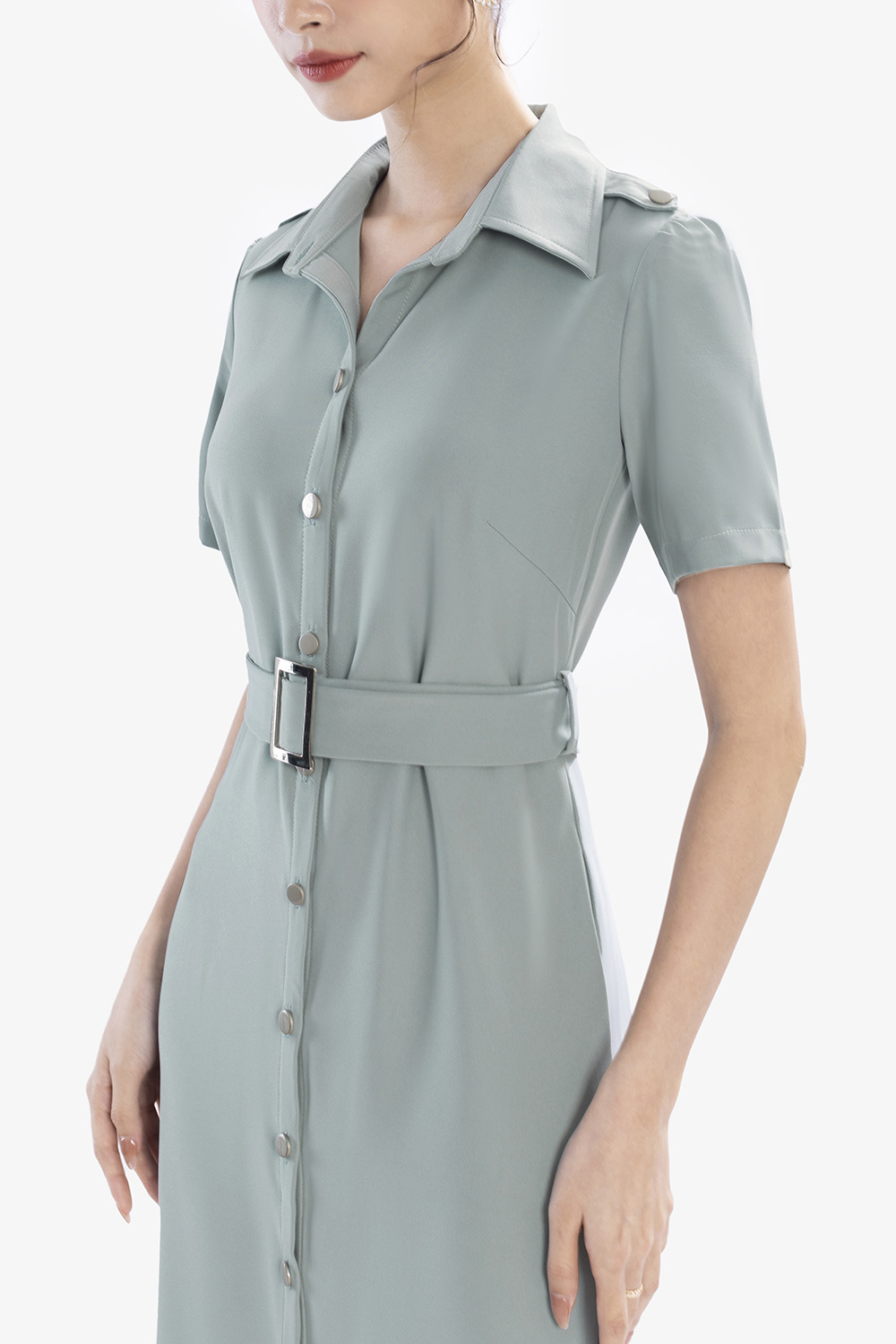 Đầm sơ mi công sở nữ màu xanh phối thắt lưng