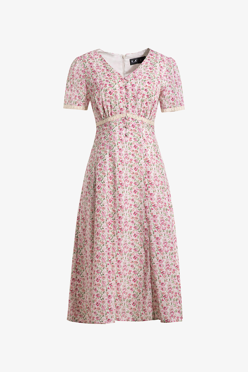 Đầm hoa nhí dáng xòe nhẹ phối đăng ten