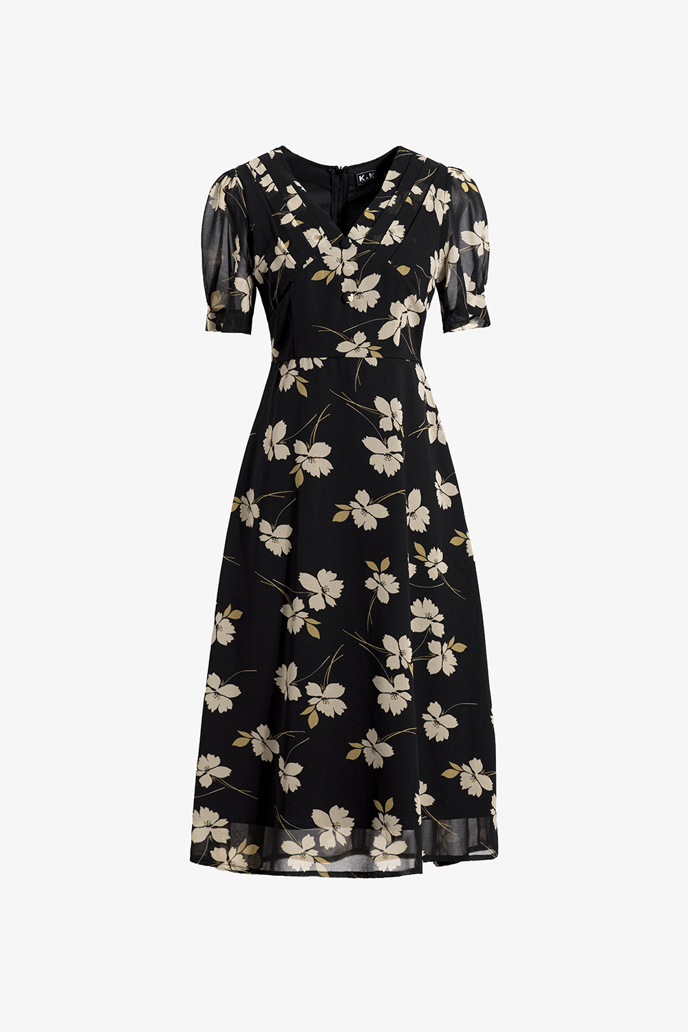 Đầm đen hoạ tiết hoa cổ tim xếp ly