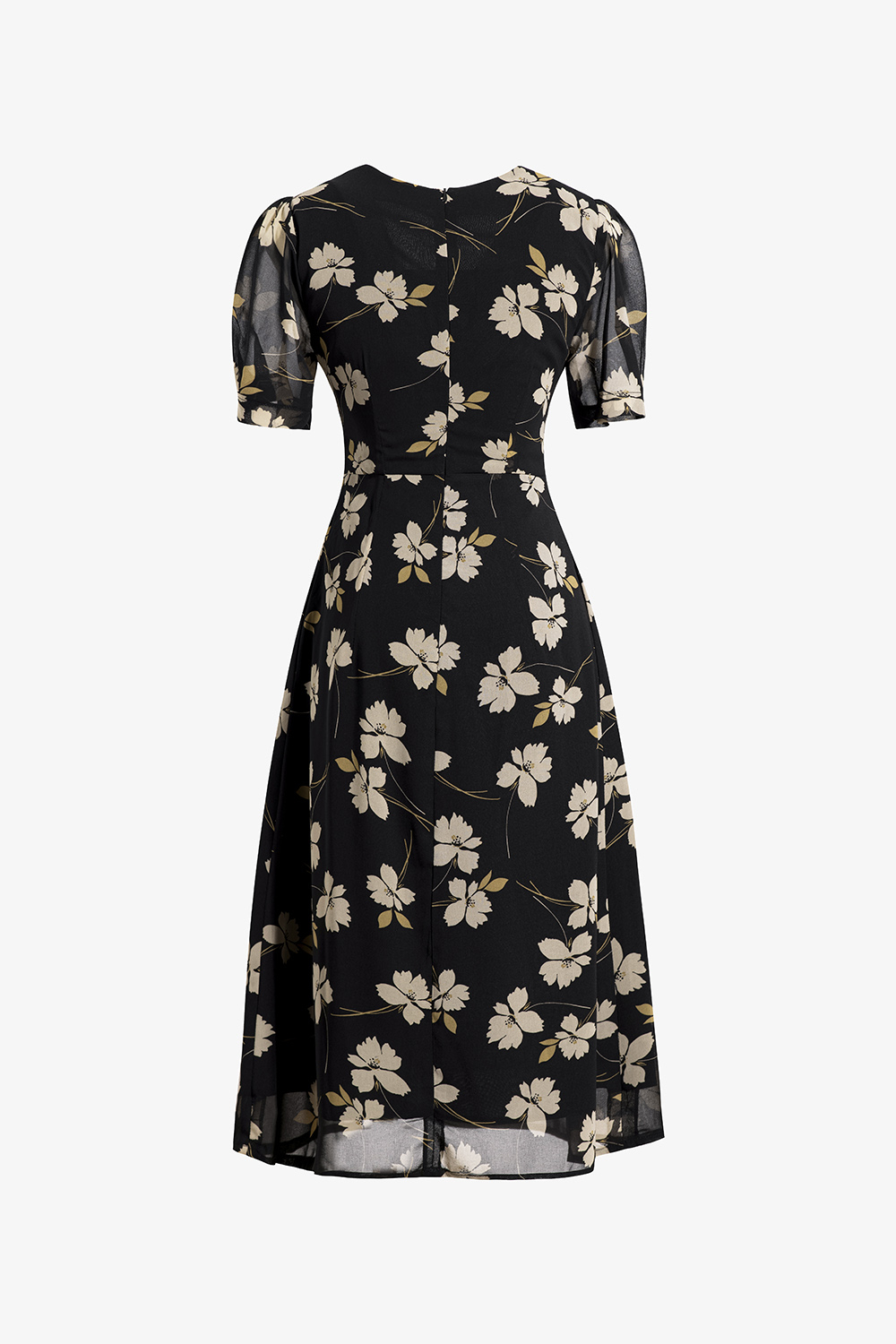 Đầm đen hoạ tiết hoa cổ tim xếp ly