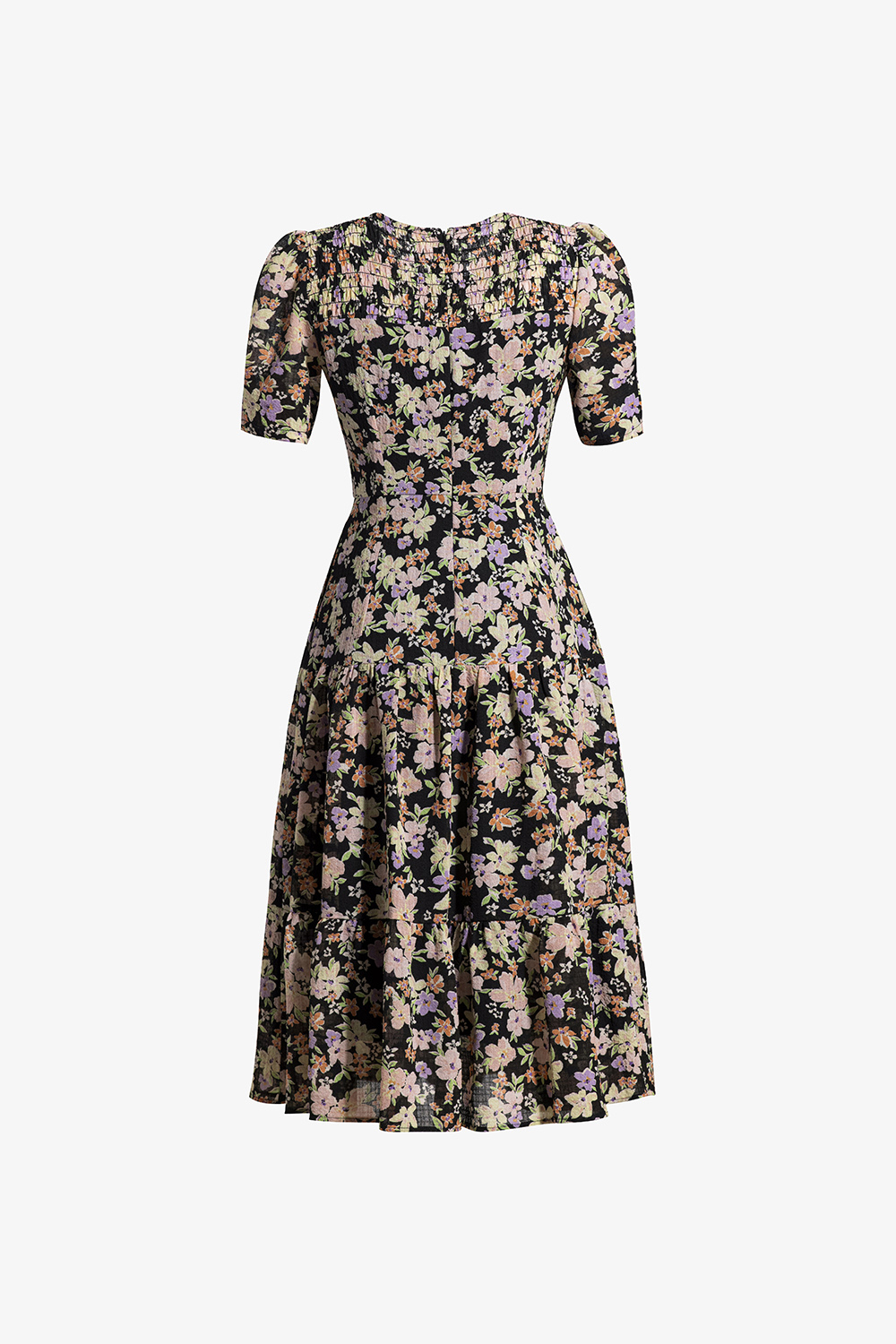 Đầm xòe đuôi cá nền đen họa tiết hoa nhiều màu