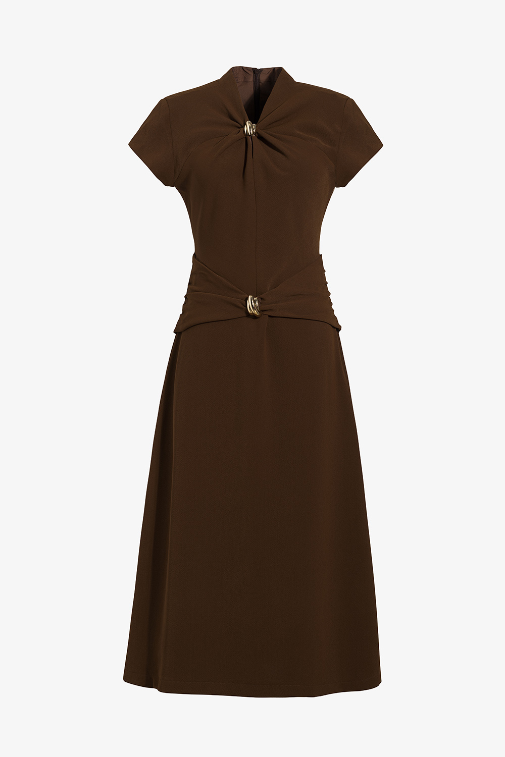 Đầm nâu công sở dáng xòe a cổ cách điệu