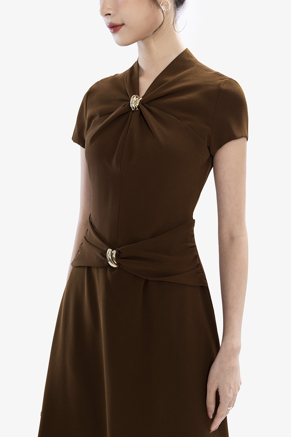 Đầm nâu công sở dáng xòe a cổ cách điệu