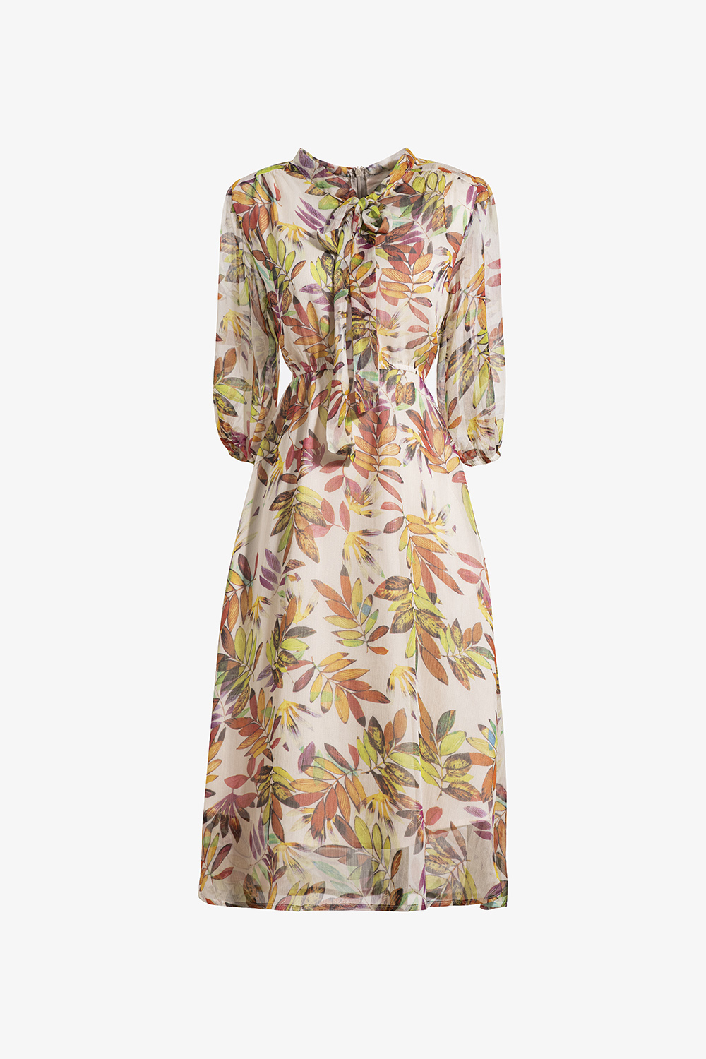 Đầm xòe chữ a màu kem họa tiết lá to