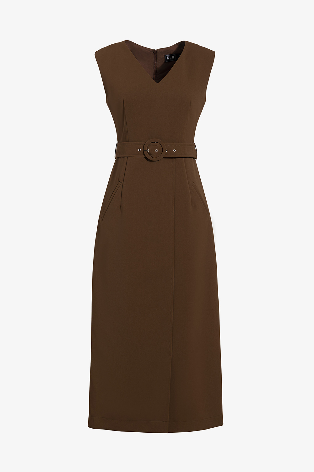 Đầm công sở sát nách cổ v màu nâu