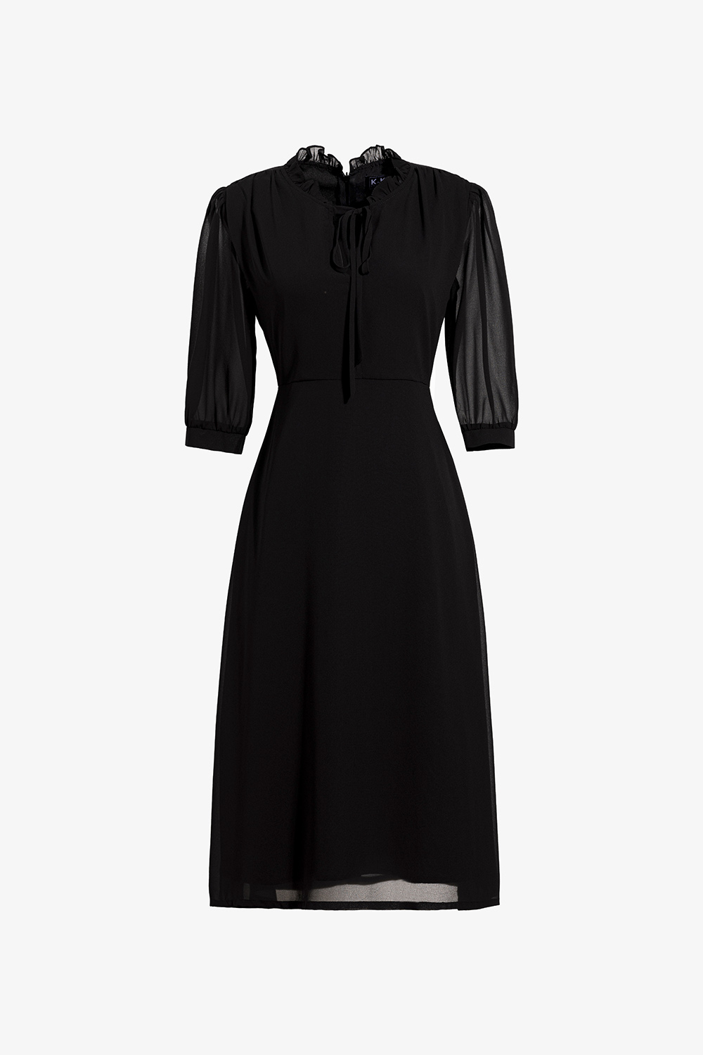 Đầm đen công sở dáng xòe tay lỡ cổ phối nơ