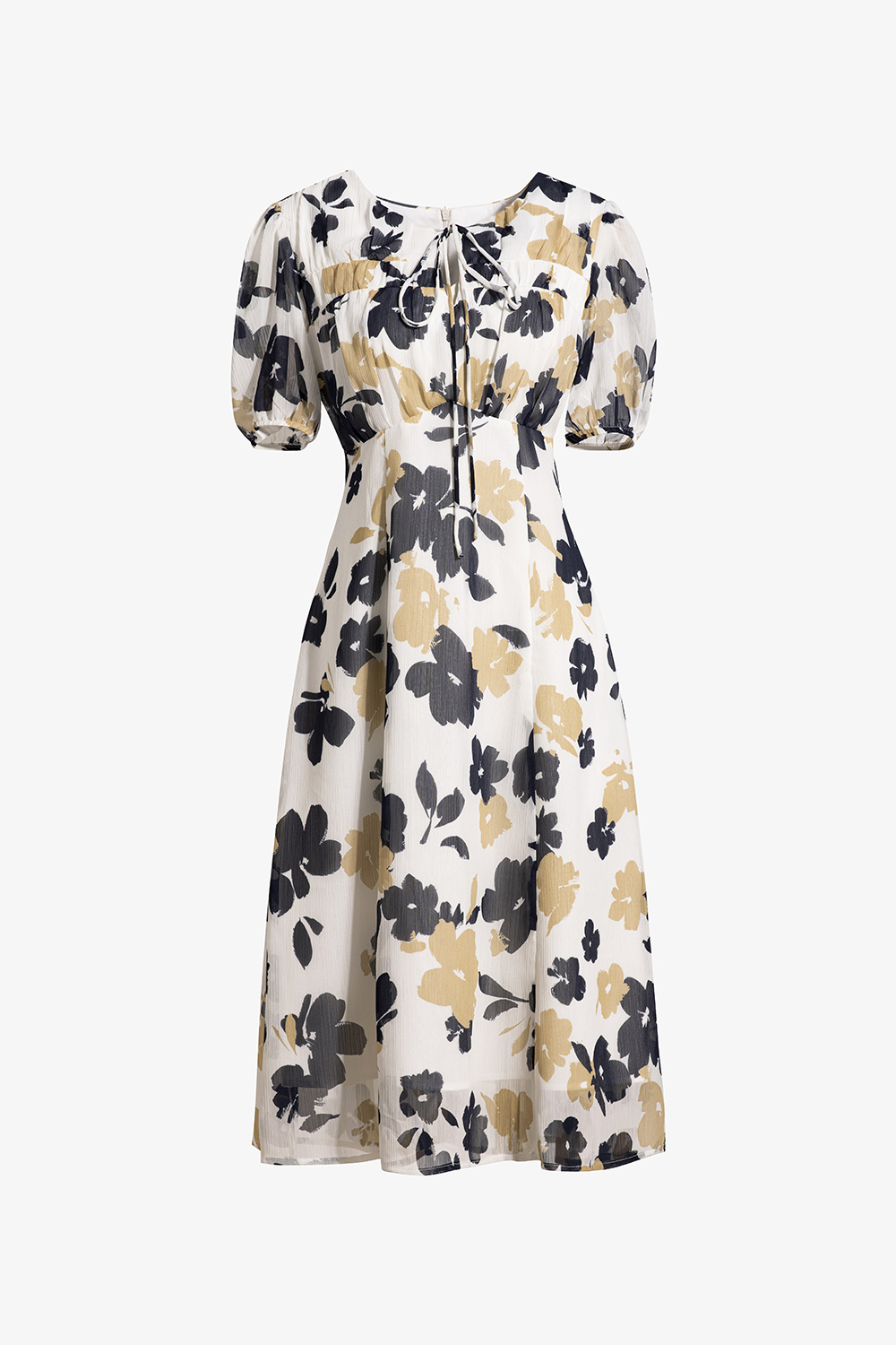 Đầm trắng họa tiết dáng xòe a cổ thắt nơ