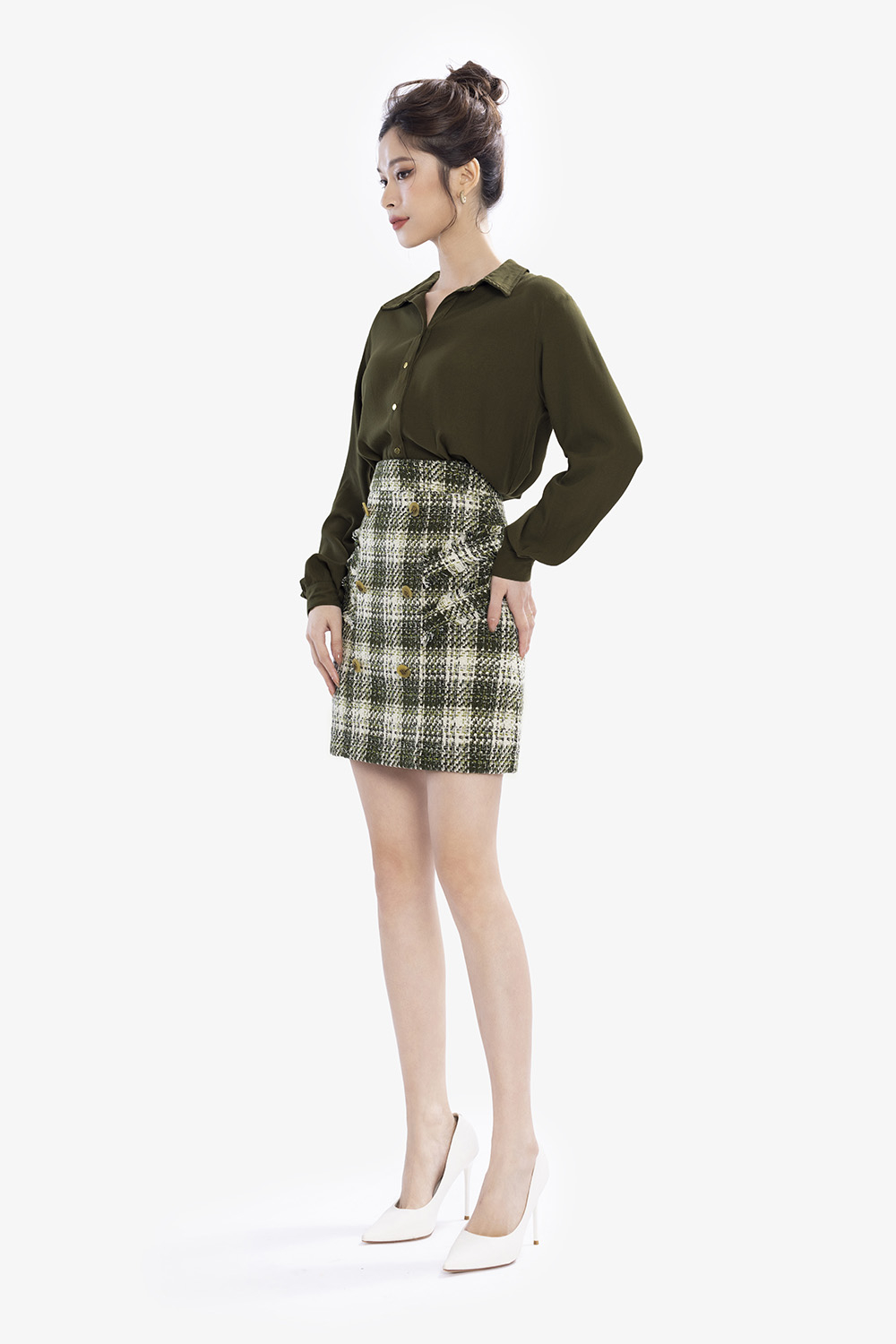 Áo sơ mi công sở nữ tay dài màu xanh