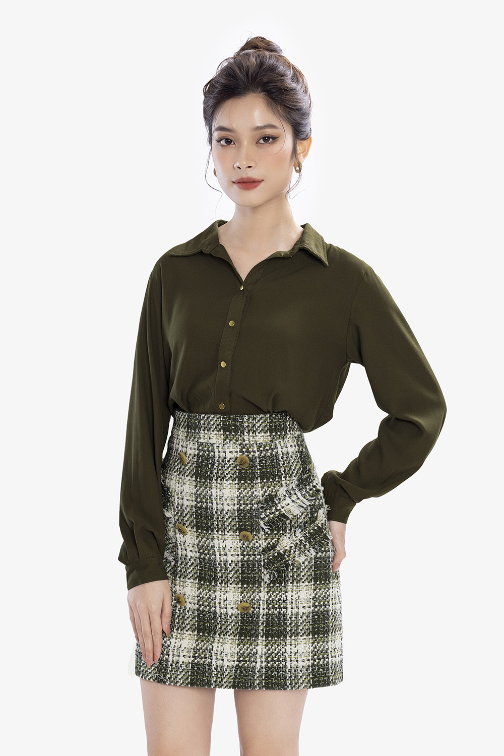 Áo sơ mi công sở nữ tay dài màu xanh