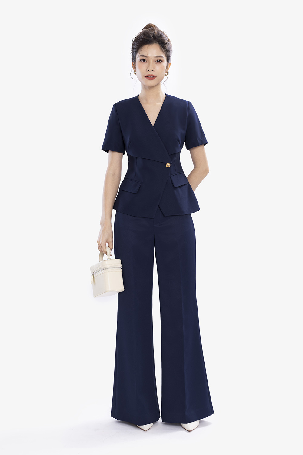 Quần công sở nữ ống suông lưng cao màu xanh