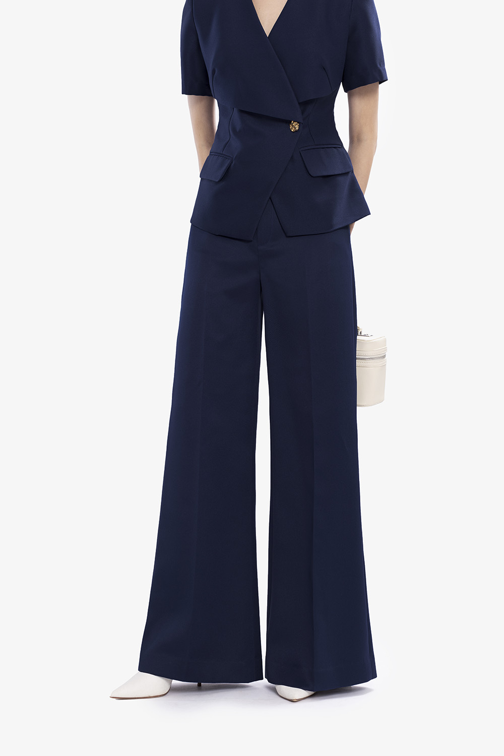 Quần công sở nữ ống suông lưng cao màu xanh