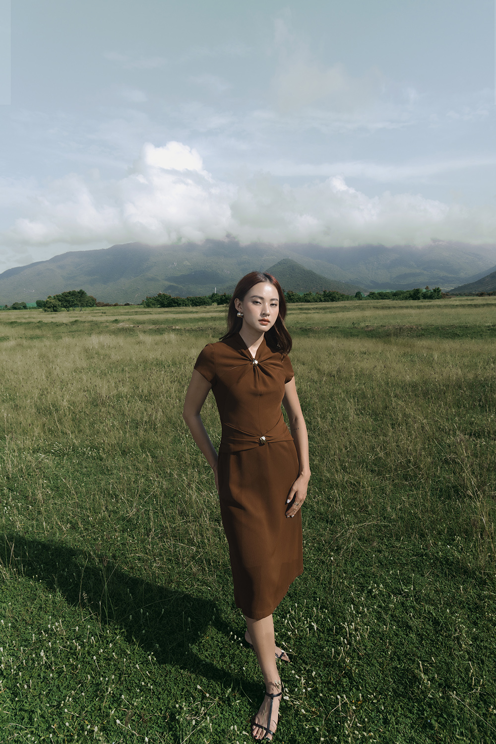 Đầm nâu công sở dáng xòe a cổ cách điệu