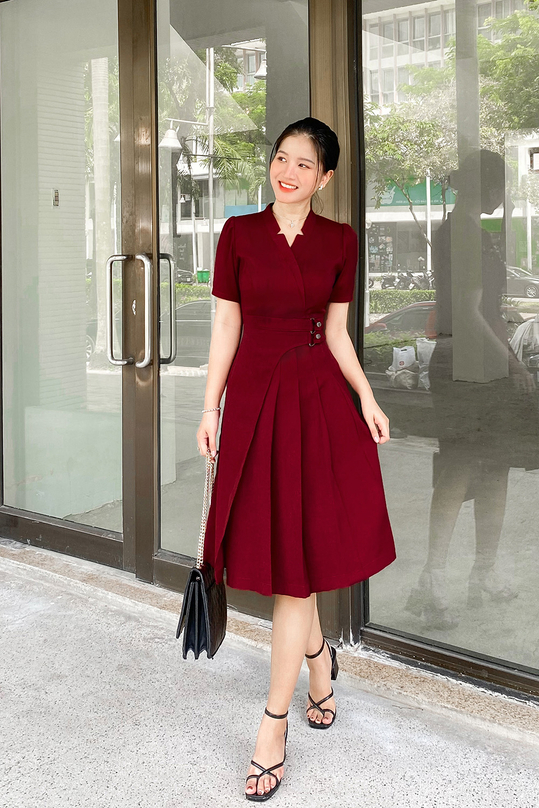 Váy công sở chữ a xếp ly cổ v màu đỏ KK164-26