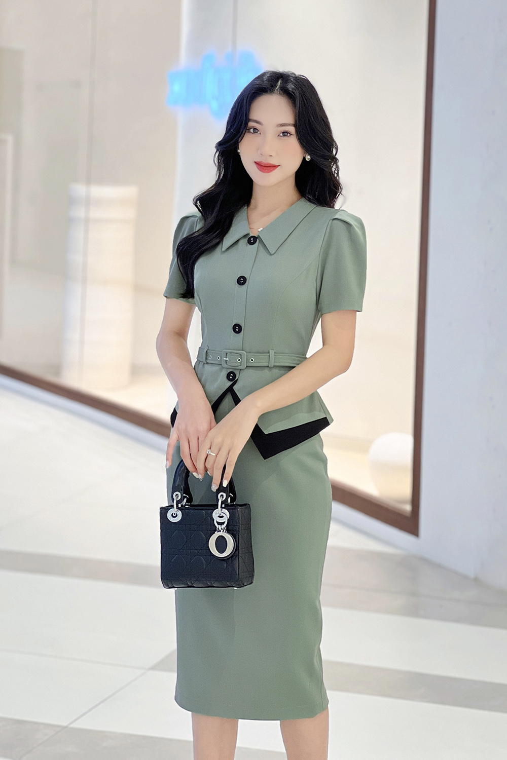 Đầm ôm công sở kiểu peplum màu xanh