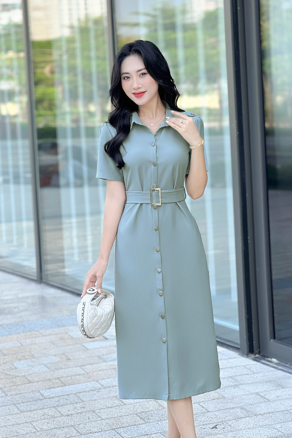 Đầm sơ mi công sở nữ màu xanh phối thắt lưng