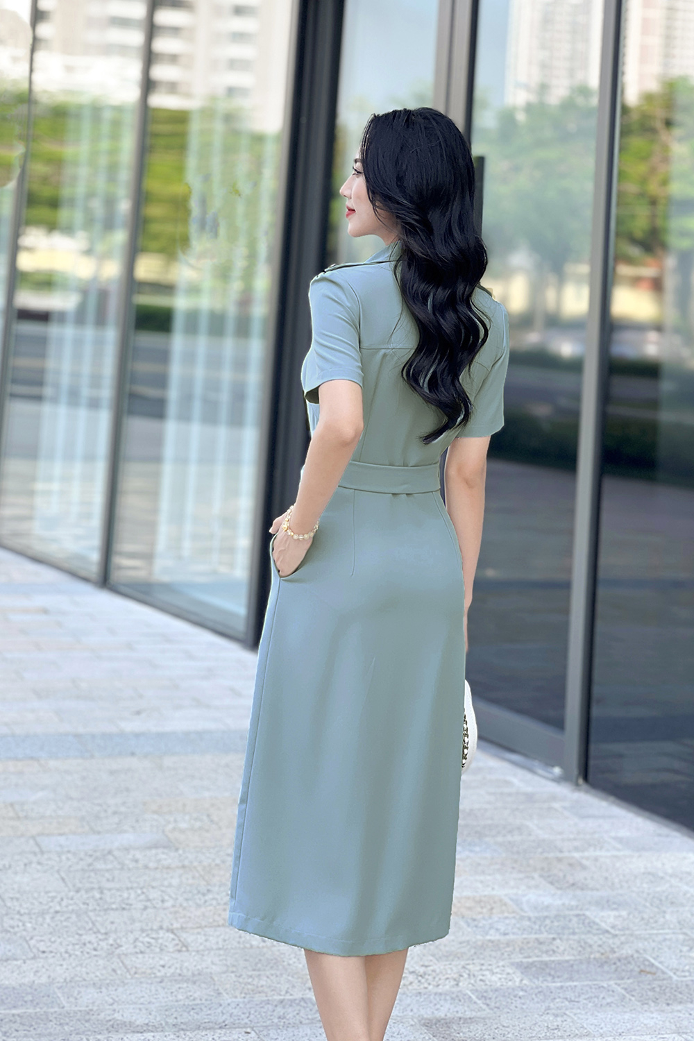 Đầm sơ mi công sở nữ màu xanh phối thắt lưng