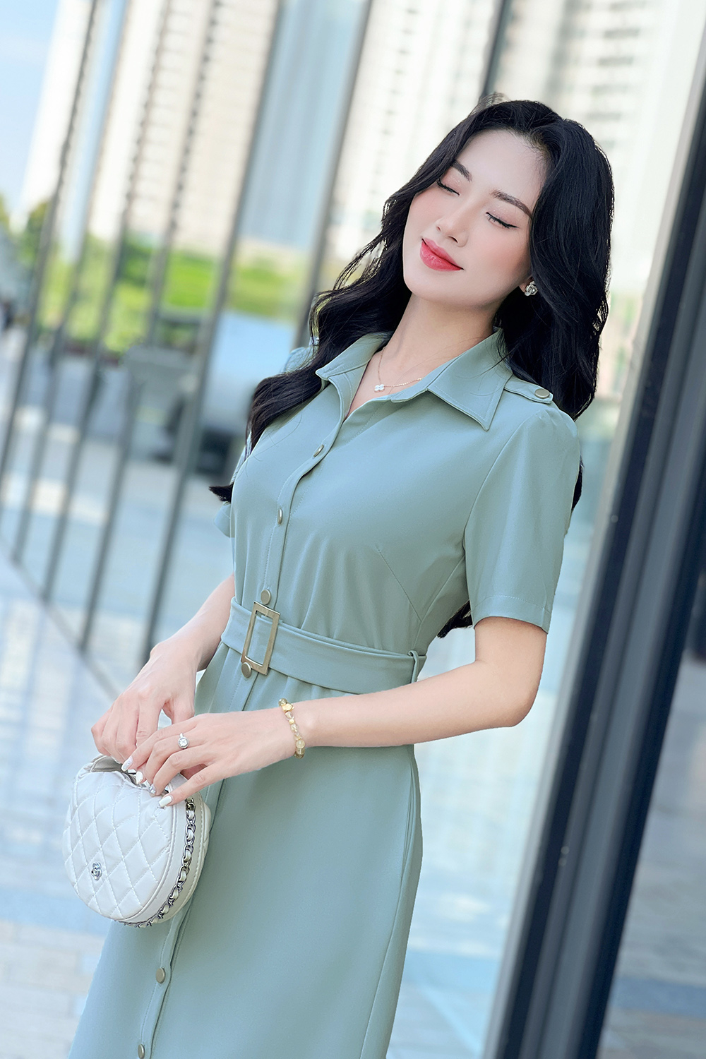 Đầm sơ mi công sở nữ màu xanh phối thắt lưng