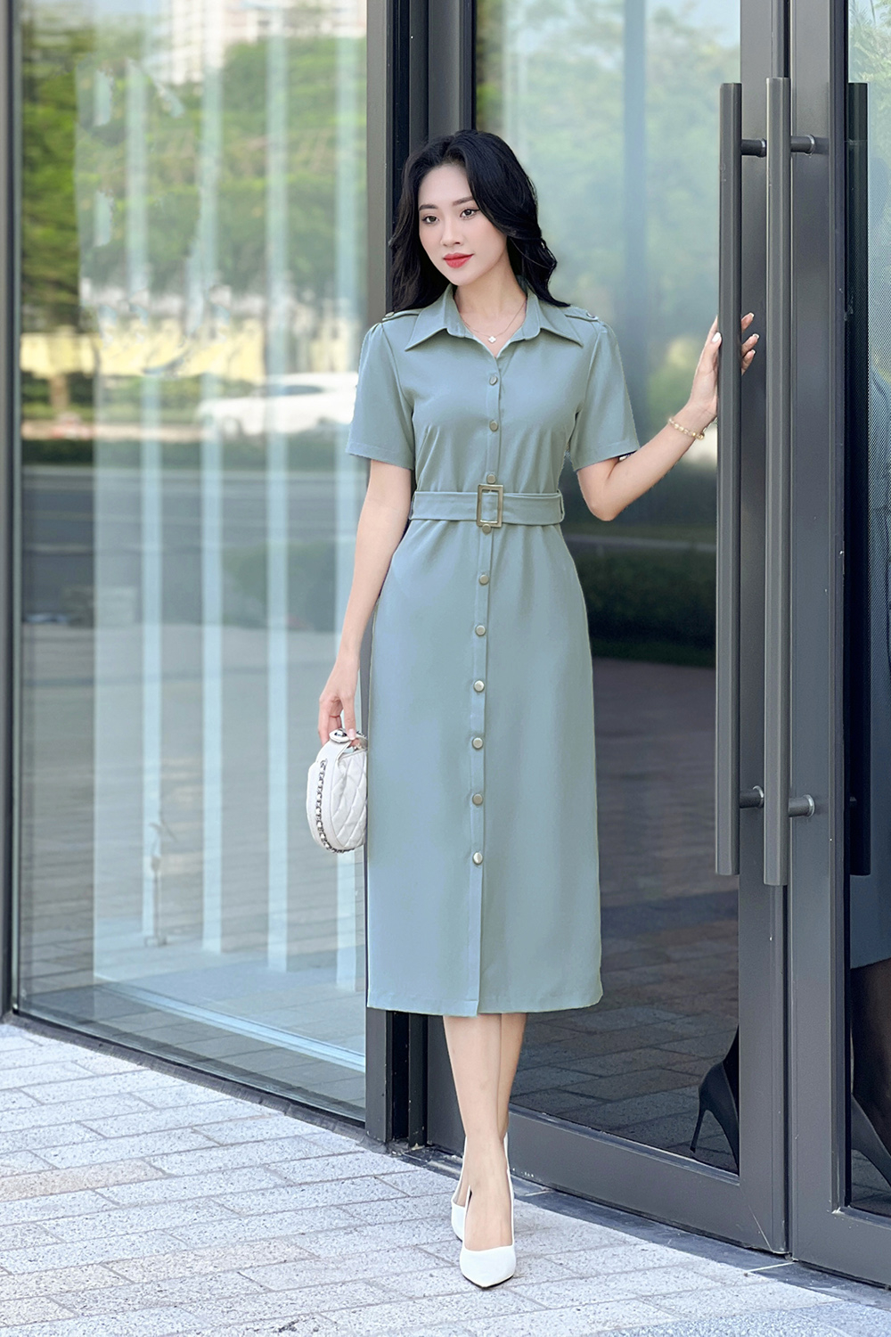 Đầm sơ mi công sở nữ màu xanh phối thắt lưng