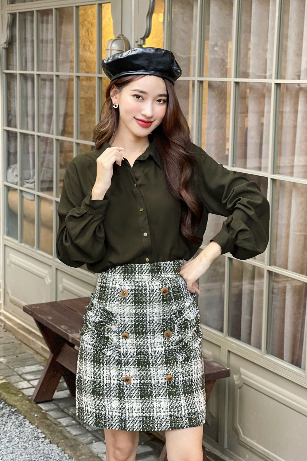 Áo sơ mi công sở nữ tay dài màu xanh