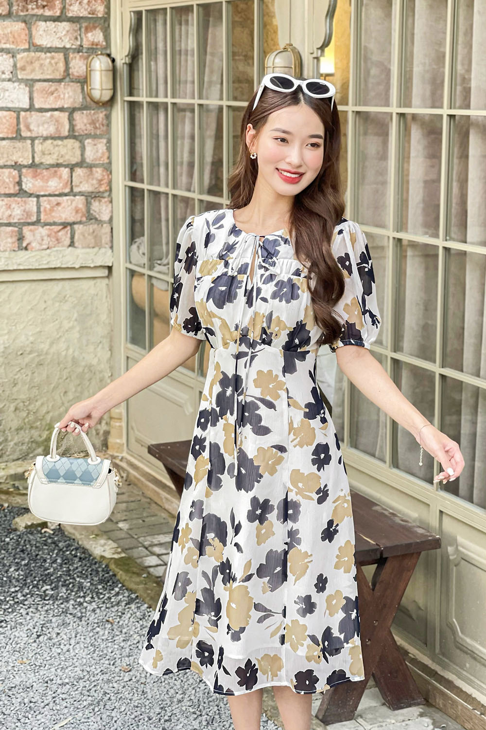 Đầm xòe hoa công sở cổ phối nơ KK166-08