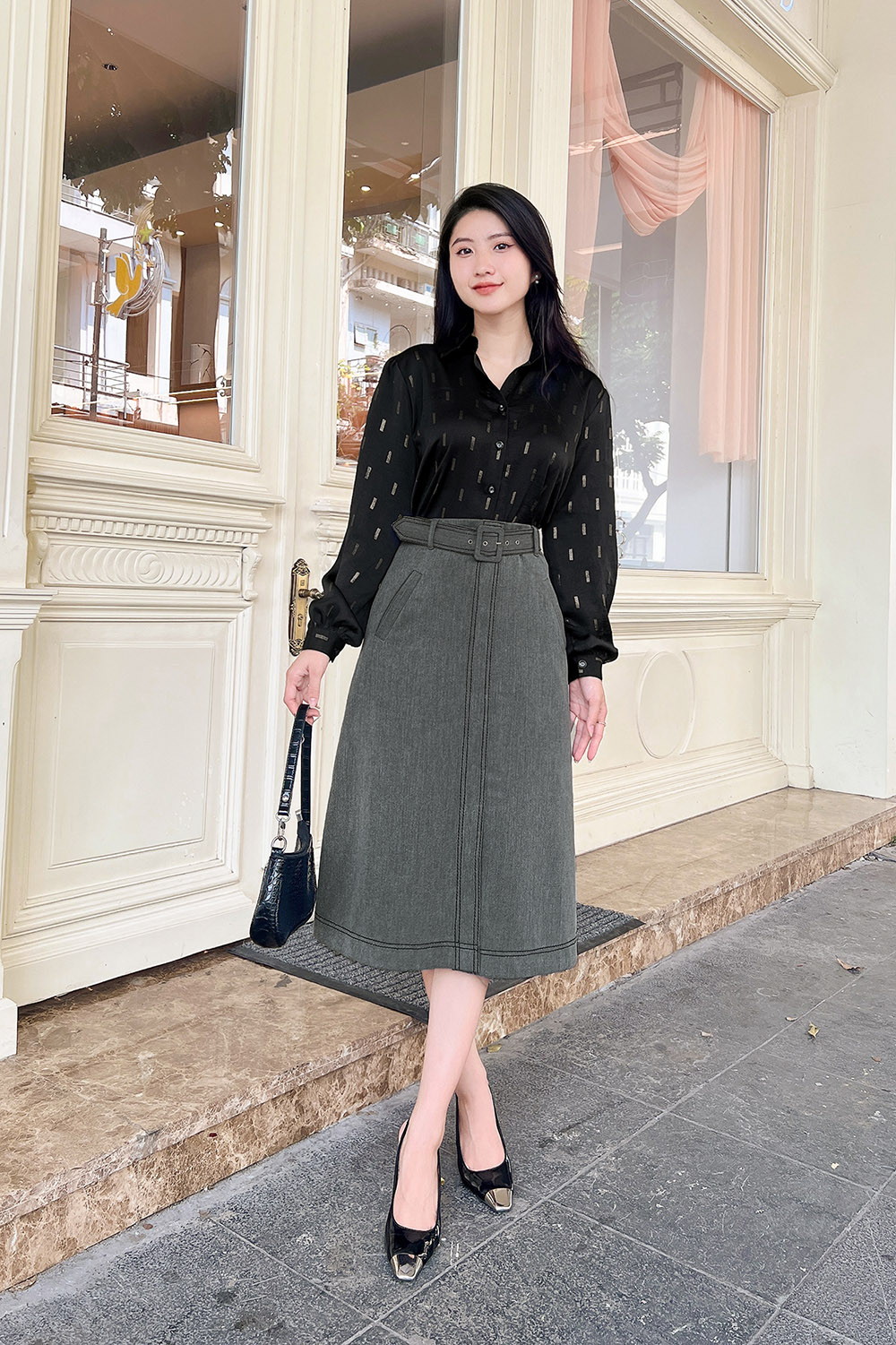 Chân váy midi chữ A màu xám phối belt