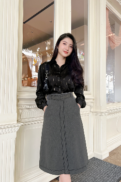 Chân váy midi chữ A màu xám phối belt