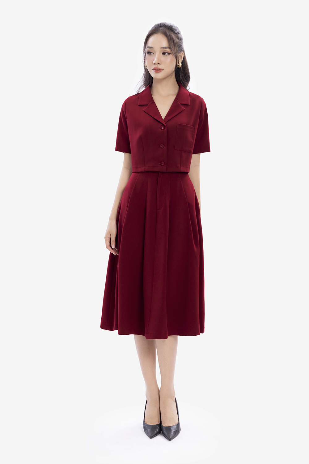 Áo kiểu nữ màu đỏ dáng ngắn cổ đan tông