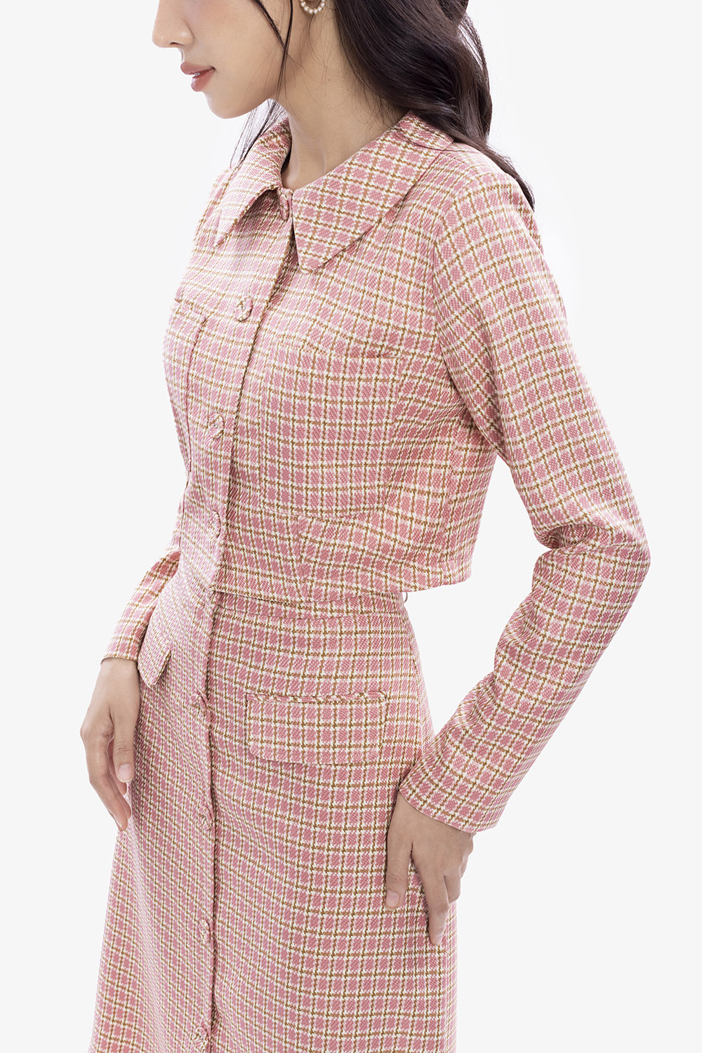 Áo kiểu nữ dáng lửng caro hồng