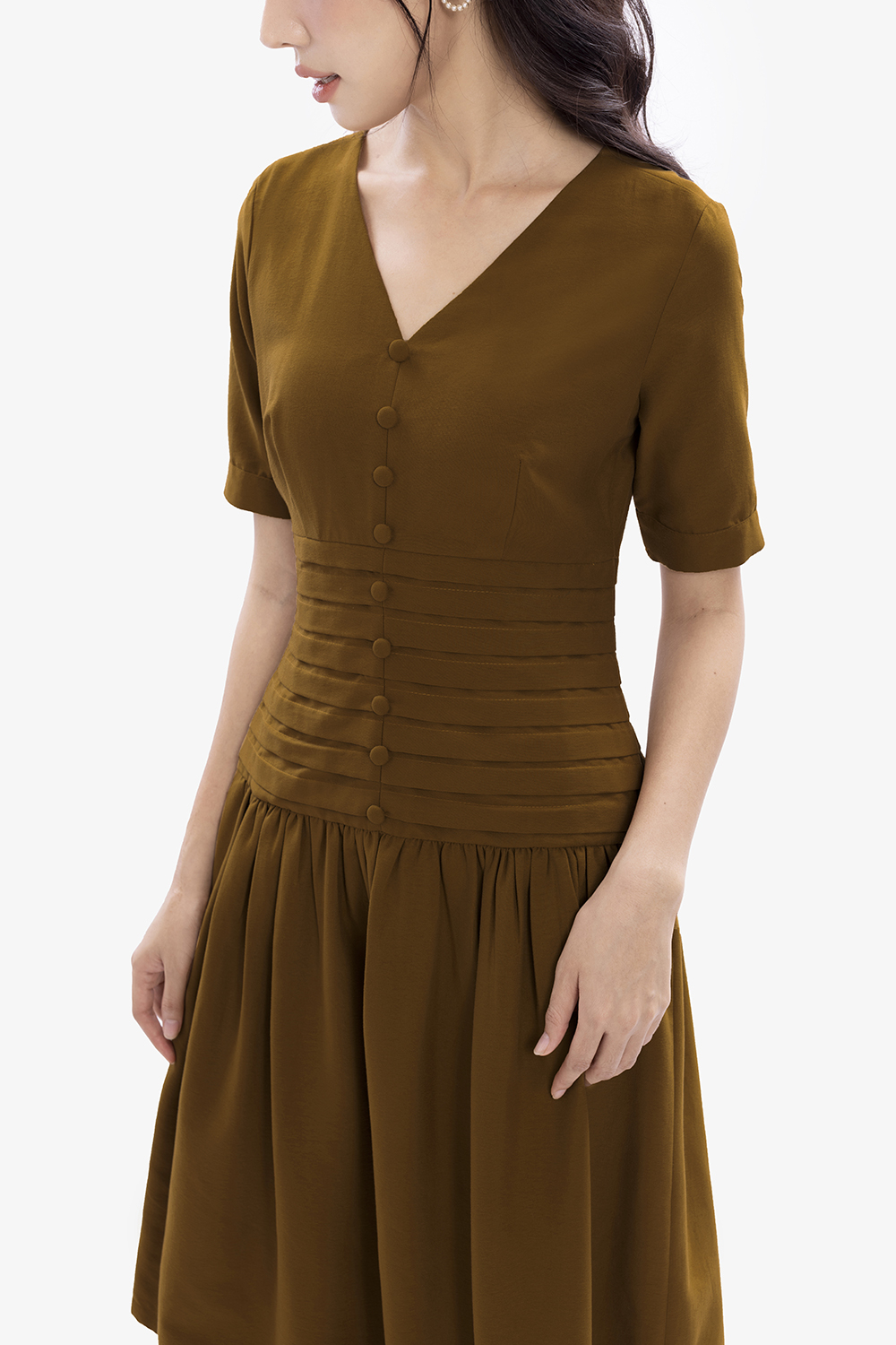 Đầm công sở nữ dáng xoè xếp ly eo