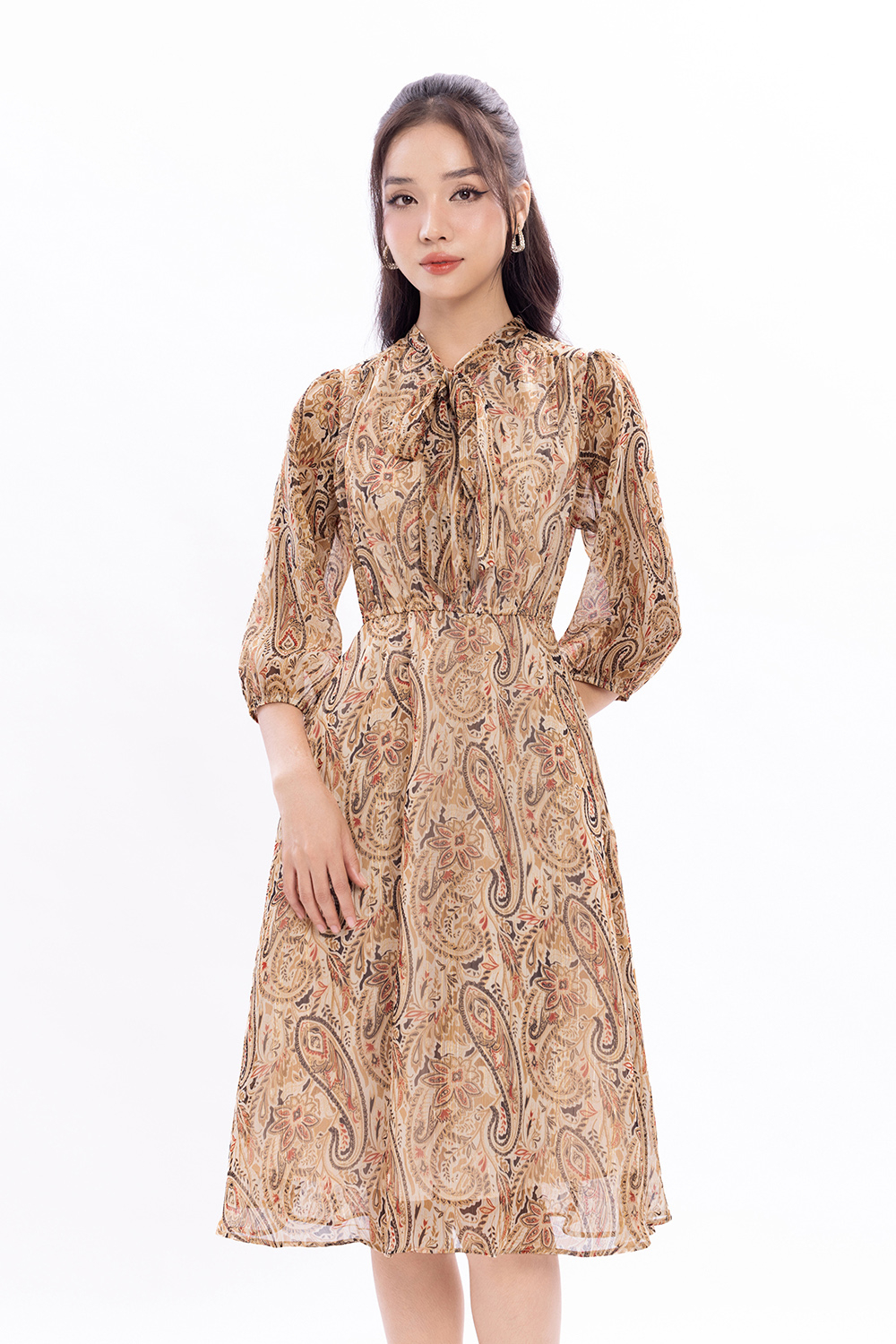 Đầm xoè công sở cổ phối nơ tay lửng