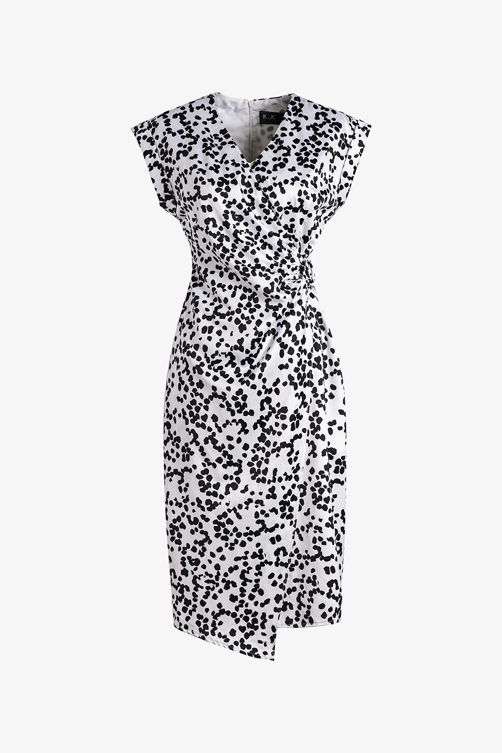 Đầm công sở wrap dress nền trắng họa tiết đen