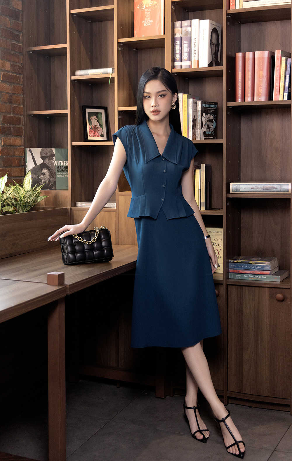 Đầm peplum công sở màu xanh tay hến KK164-08