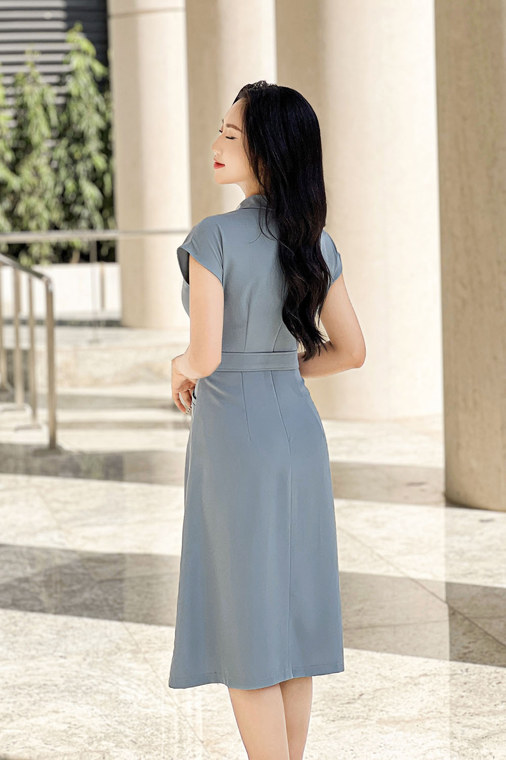 Đầm công sở xếp ly màu xanh cổ tim KK165-13 | Thời trang công sở K&K Fashion