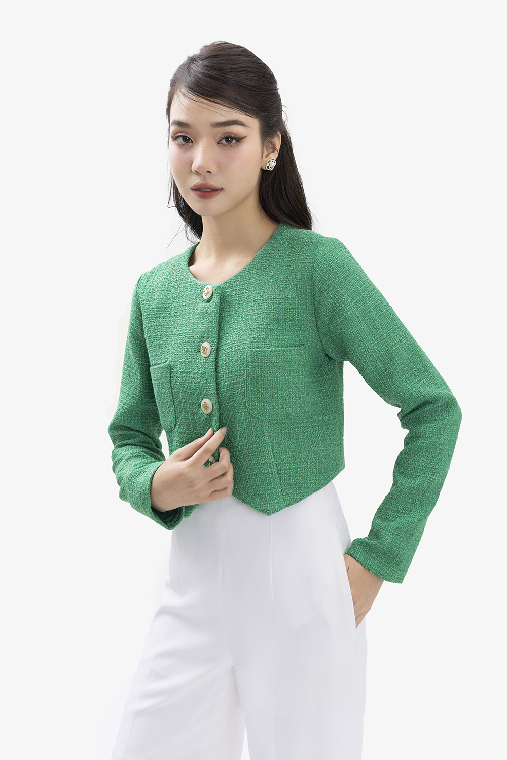 Áo khoác tweed nữ màu xanh cổ tròn