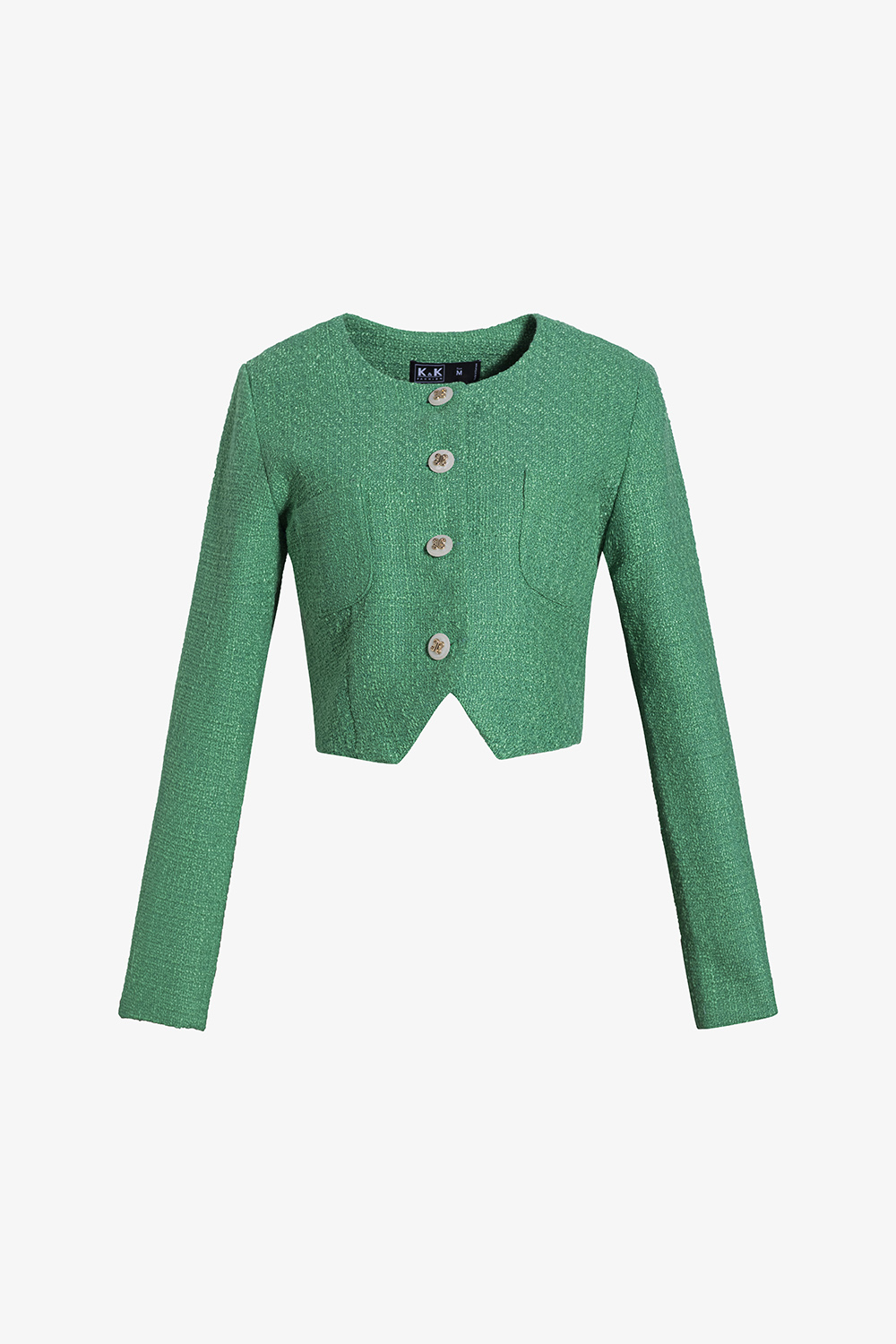 Áo khoác tweed nữ màu xanh cổ tròn