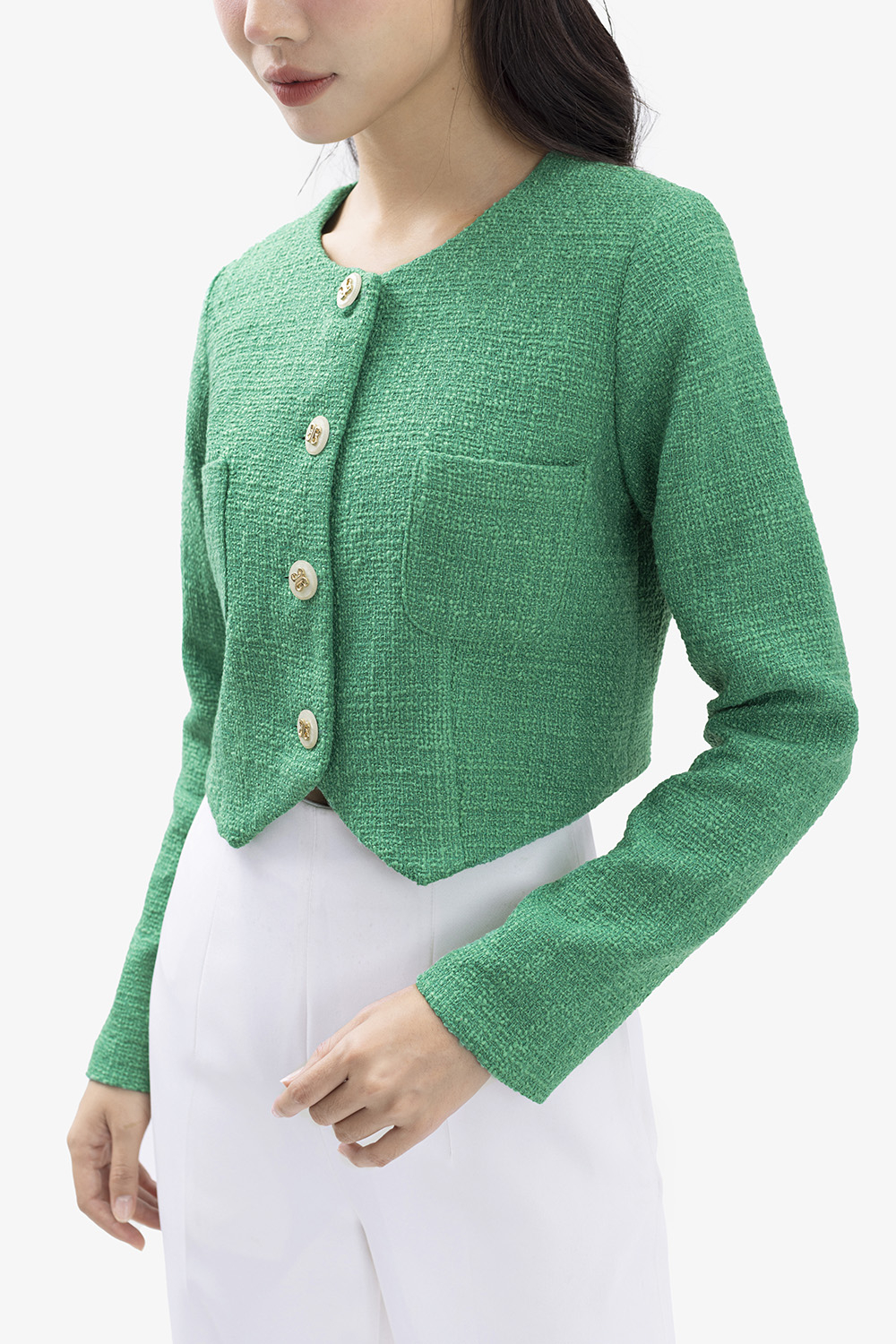 Áo khoác tweed nữ màu xanh cổ tròn