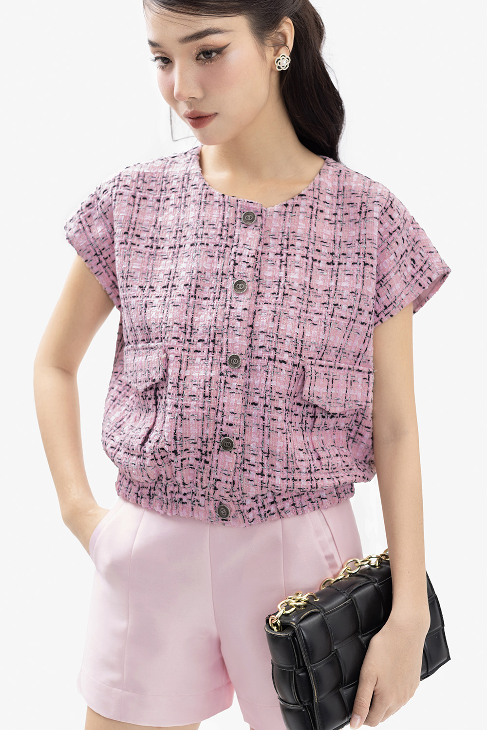 Áo kiểu tay hến phối túi sọc caro