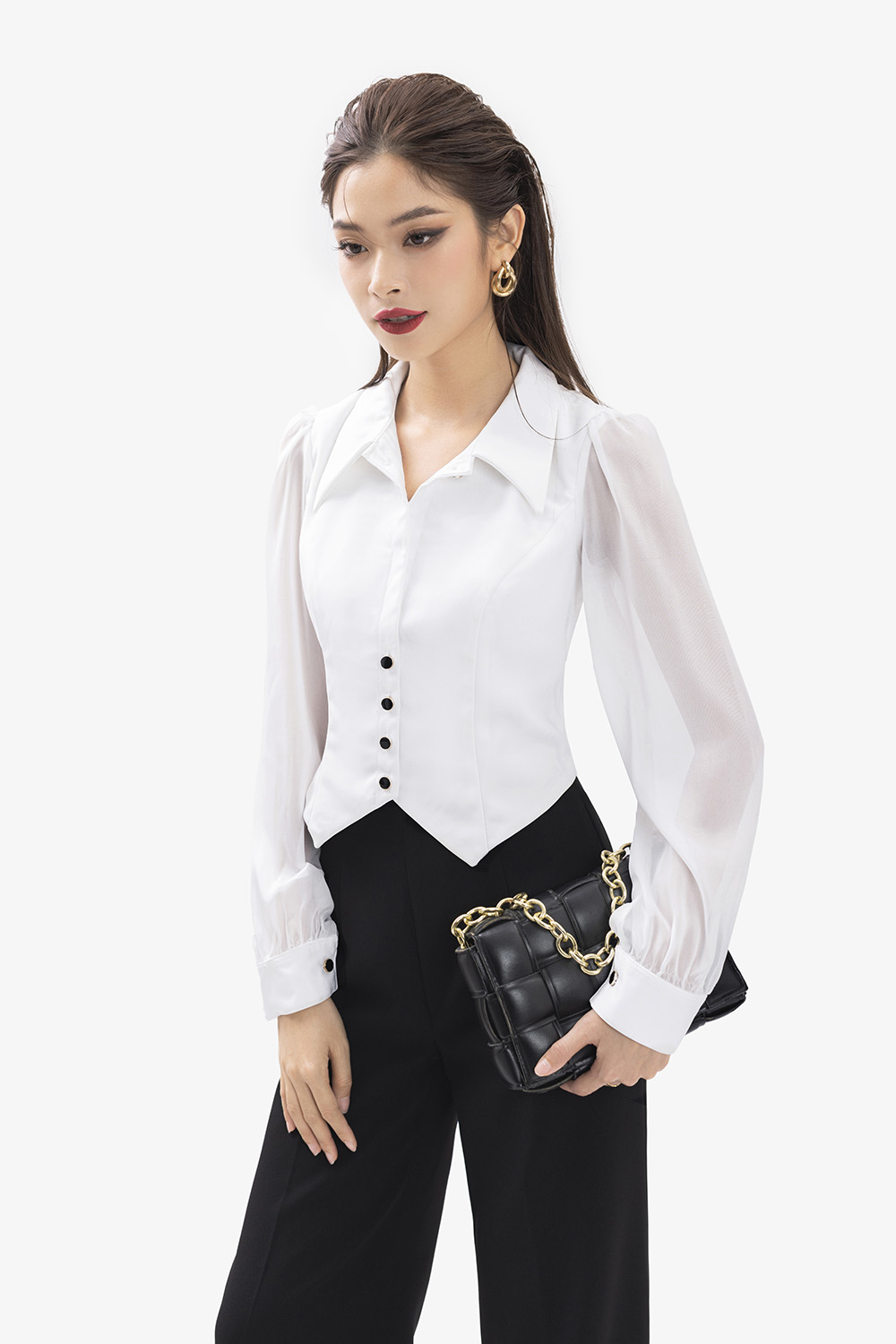 Áo kiểu nữ màu trắng tay dài cổ sơ mi