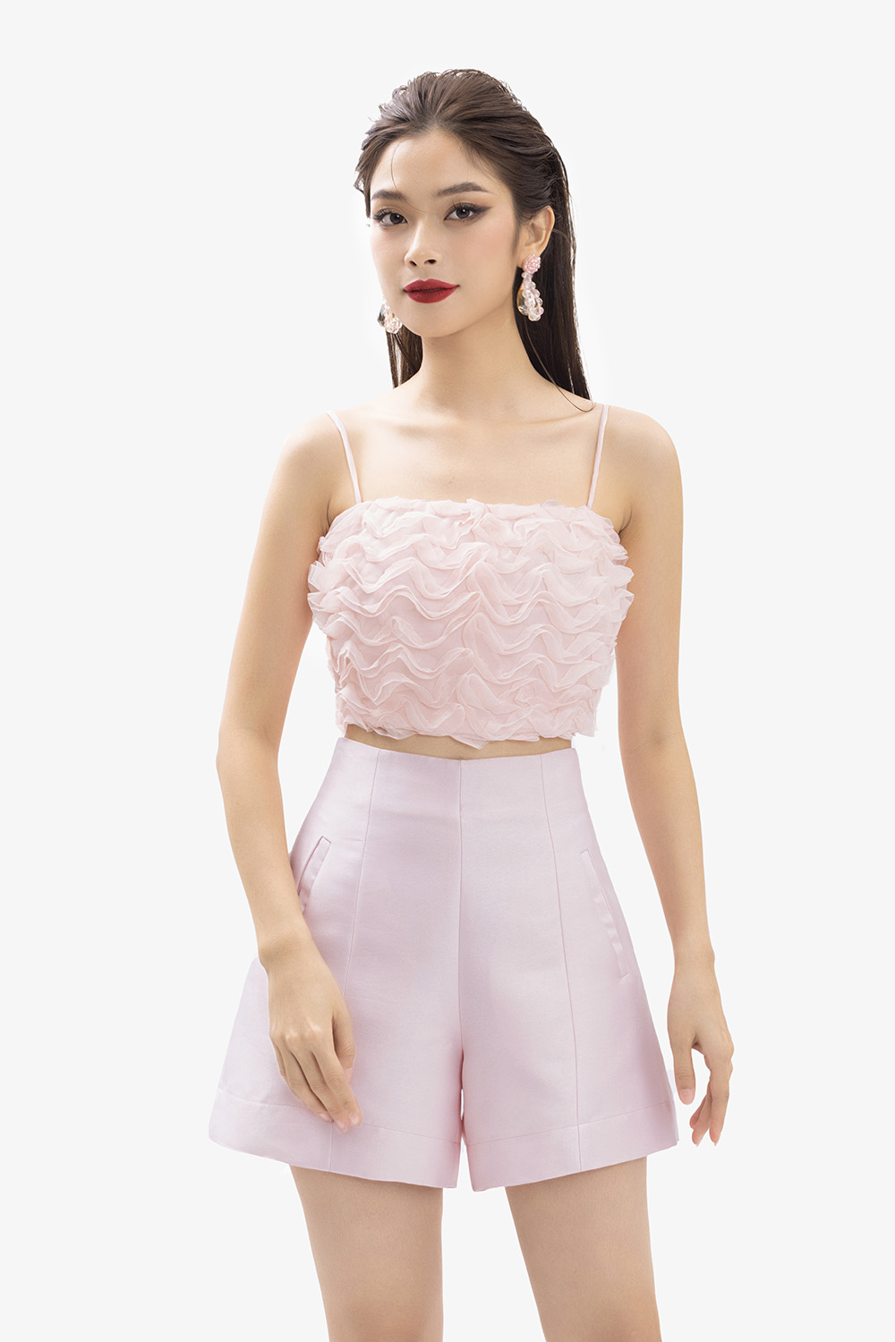 Áo ren 3D hai dây màu hồng