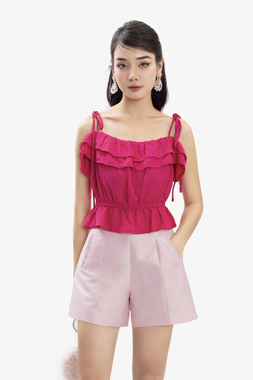 Áo kiểu nữ 2 dây màu hồng nhún bèo