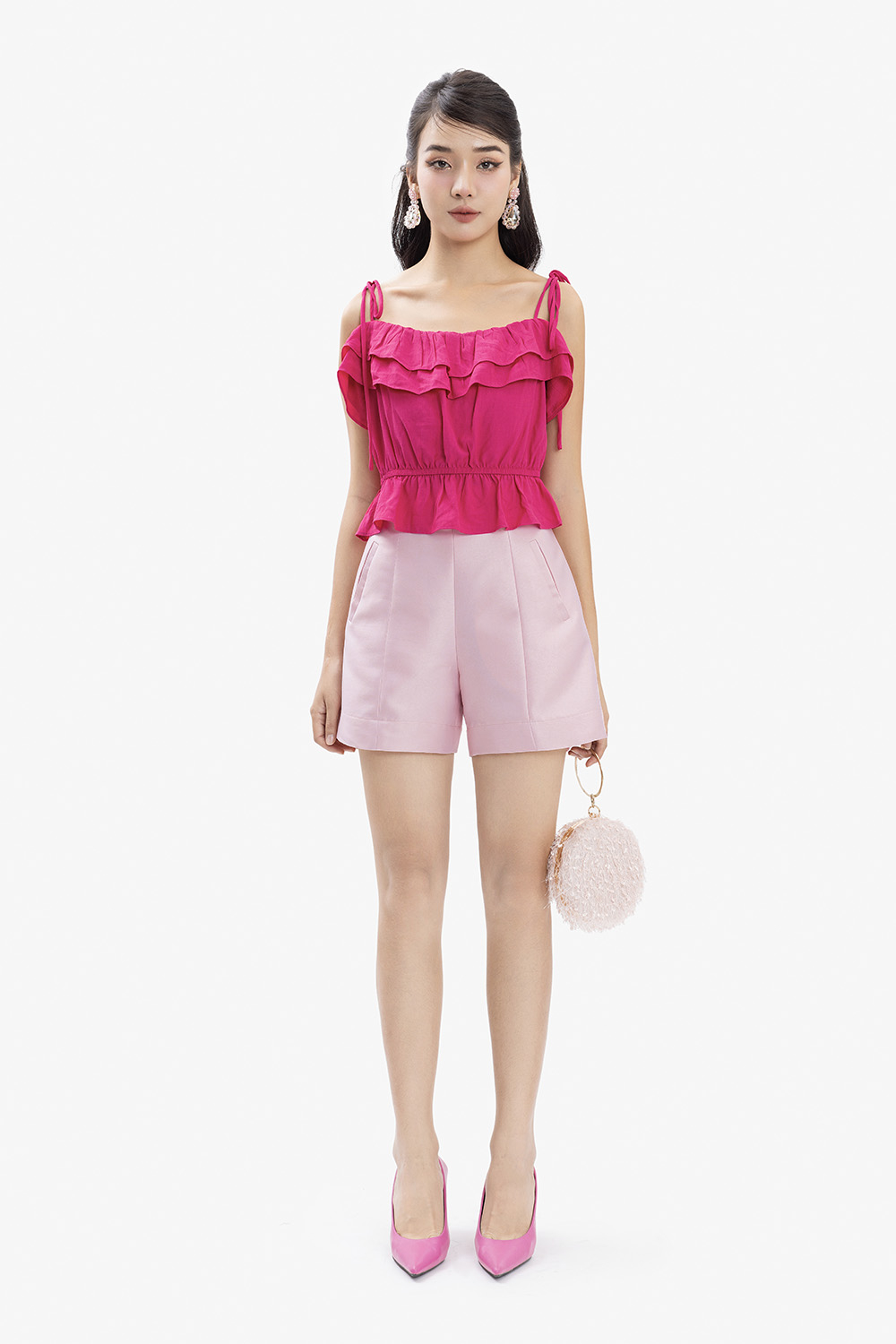 Áo kiểu nữ 2 dây màu hồng nhún bèo