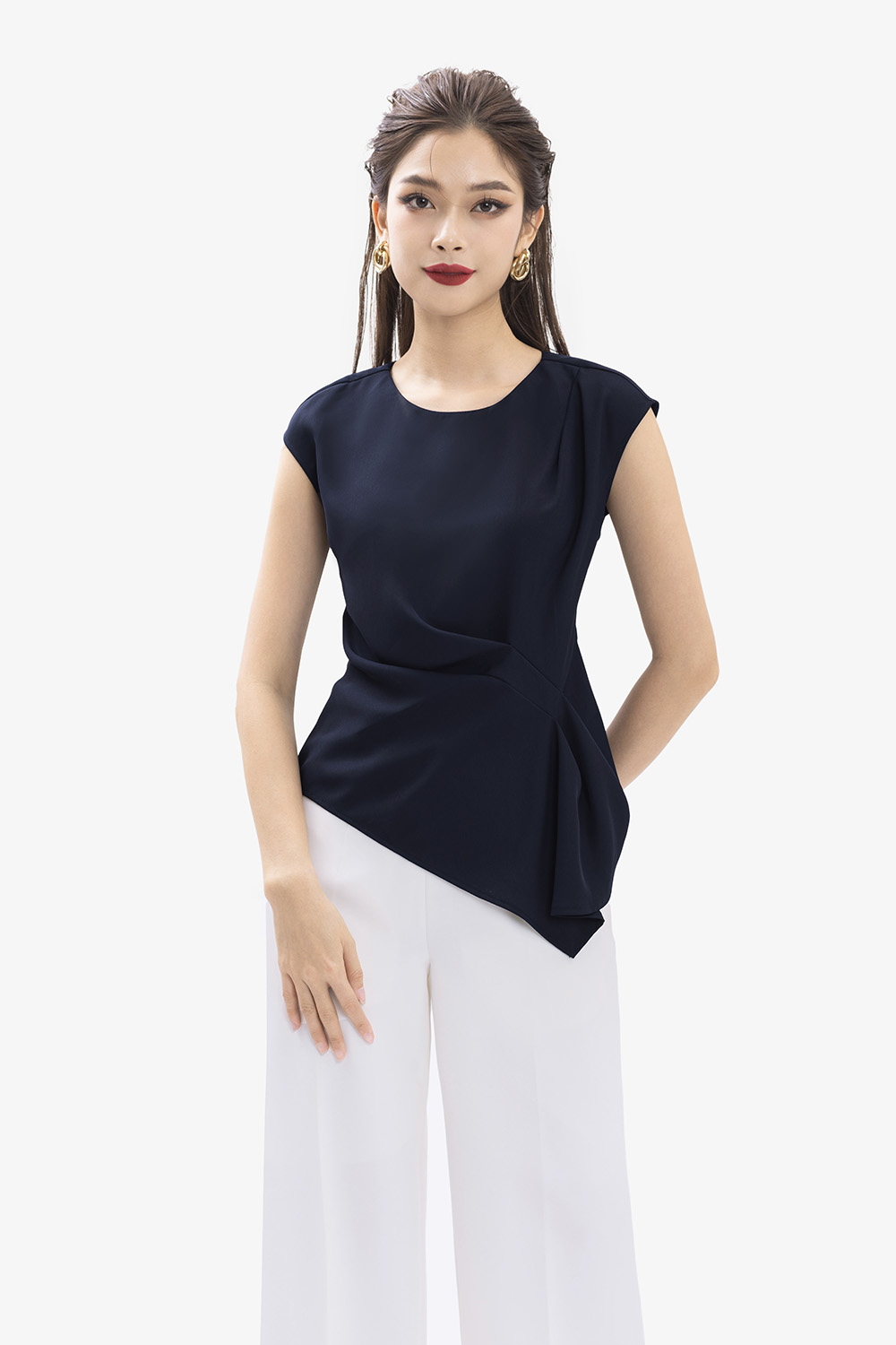 Áo kiểu nữ màu xanh đen eo cách điệu ASM16-26