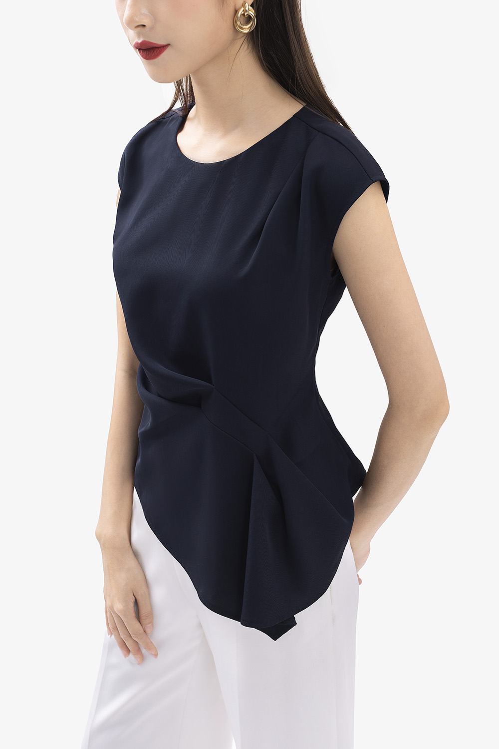 Áo kiểu nữ màu xanh đen eo cách điệu