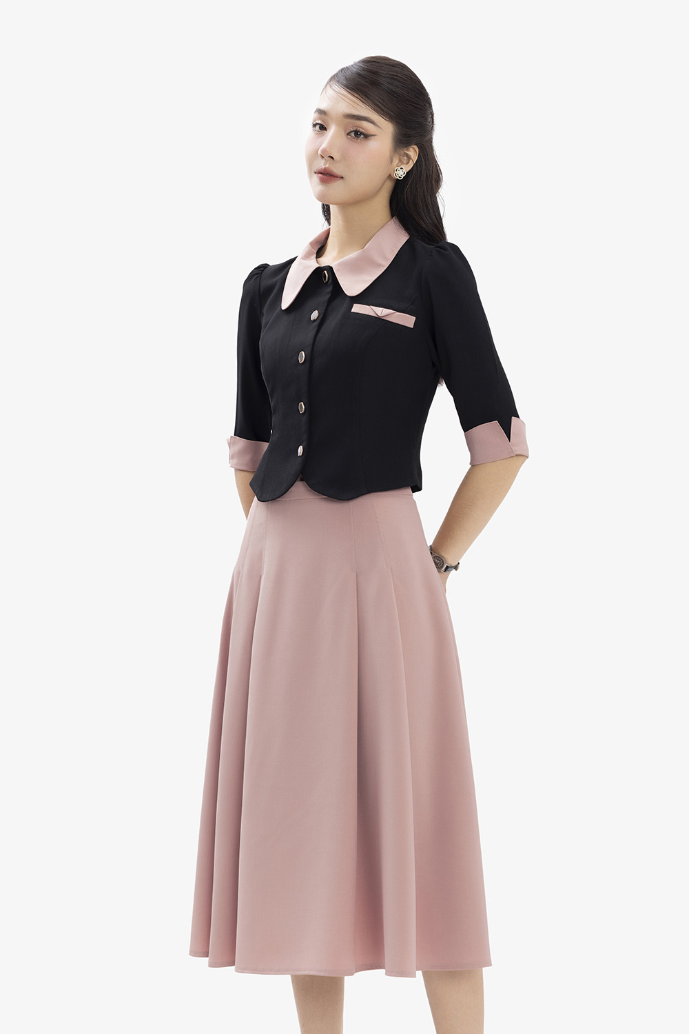 Chân váy dáng xòe công sở màu hồng