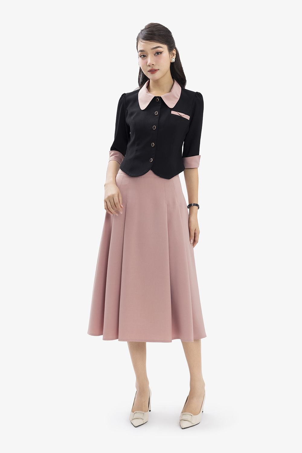 Chân váy dáng xòe công sở màu hồng