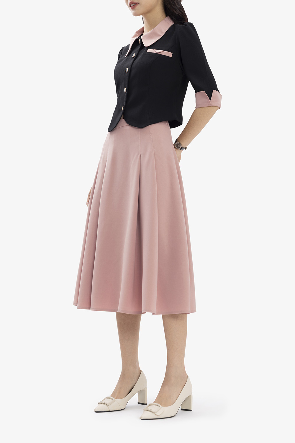 Chân váy dáng xòe công sở màu hồng