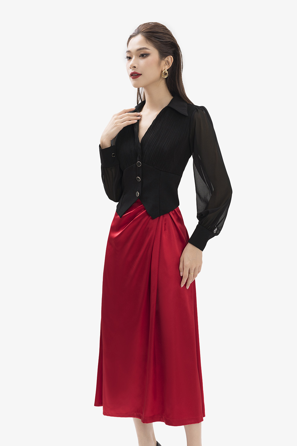 Chân váy lụa satin màu đỏ nhún eo