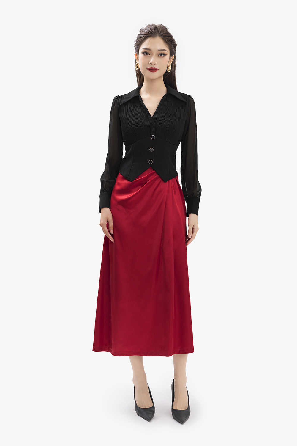 Chân váy lụa satin màu đỏ nhún eo