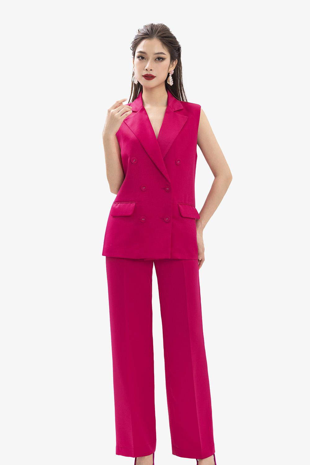 Quần ống suông màu hồng lưng cao